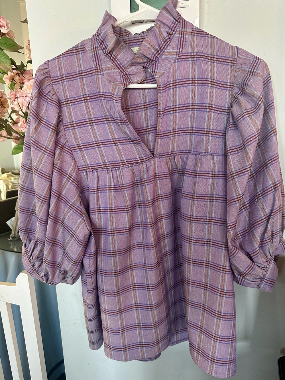 Jade Melody Tam- Lilac Plaid Ruffle-Neck Puff Sleeve Blouse